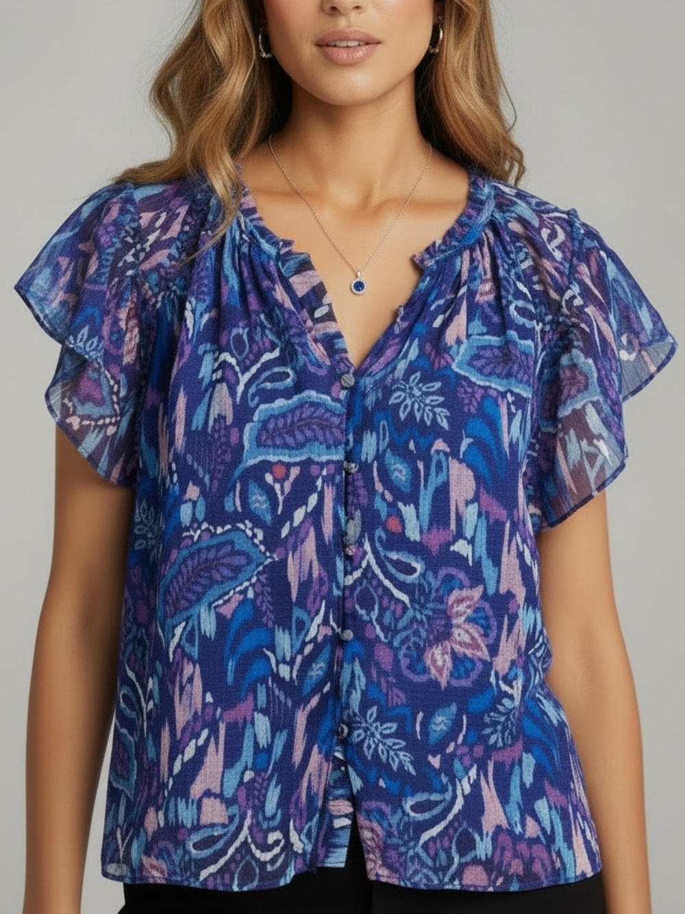 NWT RAMY BROOK Ember Flutter Short Sleeve Button Front Lined Blouse Size Small